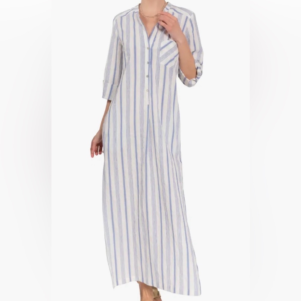 Everyday Ritual Tracey Caftan Blueberry Stripe Crinkle Cotton Maxi Dress NWT SzL